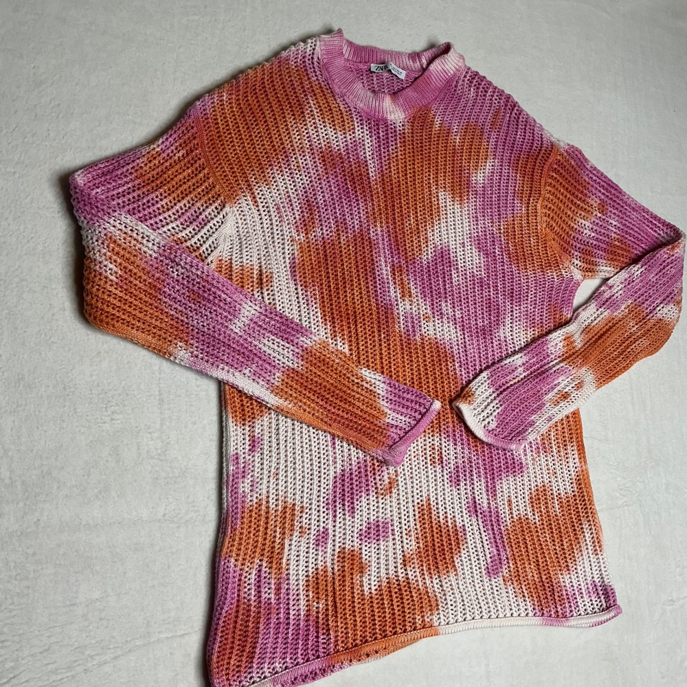 ZARA Tie Dye Mesh Knit Sweater Orange Pink White Relaxed Fit Women's Size S